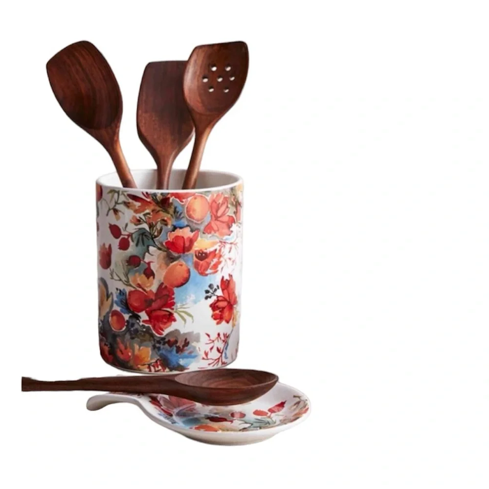 NWT Sur La Table Harvest Floral utensil crock and spoon rest 2 piece set